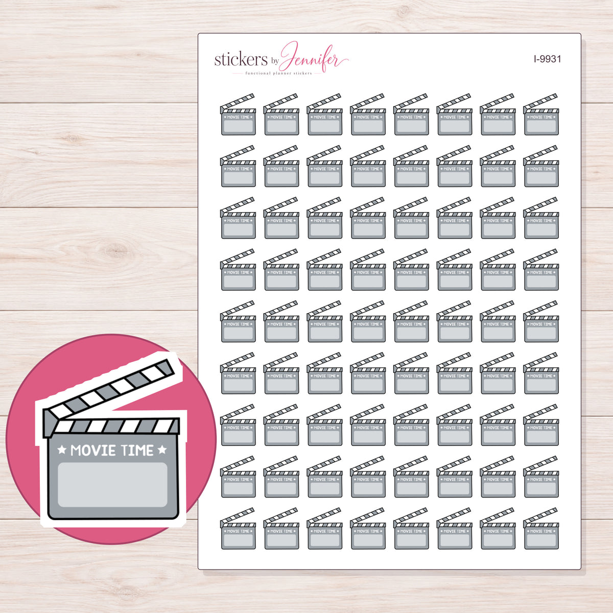 Gray Movie Time Clapperboard Planner Stickers | I-9931 — 5 × 7 inch sheet and enlarged sticker detail