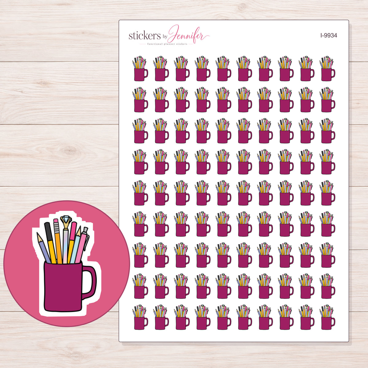 Magenta Mug of Pens and Pencils Planner Stickers | I-9934 — 5 × 7 inch sheet and enlarged sticker detail