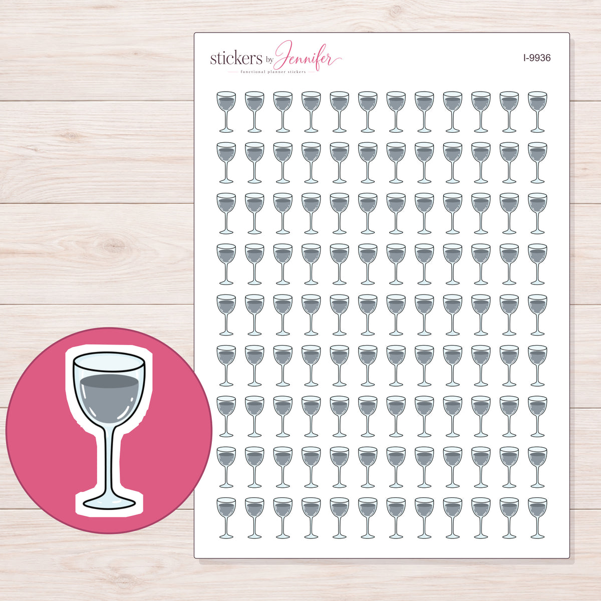 Gray Wine Glass Planner Stickers | I-9936 — 5 × 7 inch sheet and enlarged sticker detail