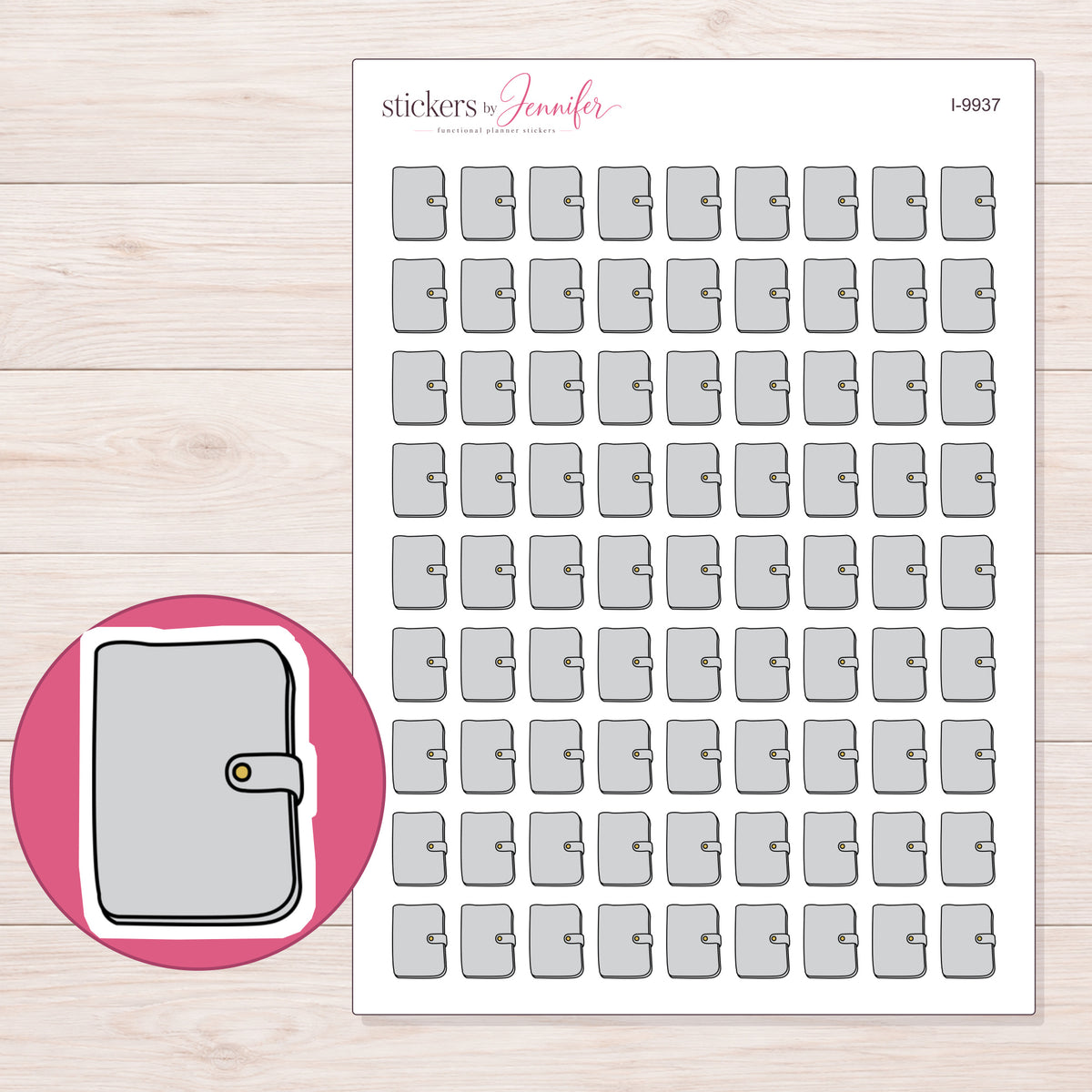Light Gray Clasp Planner Stickers | I-9937 — 5 × 7 inch sheet and enlarged sticker detail