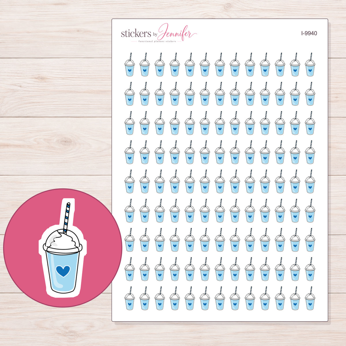 Blue Heart Smoothie Cup Planner Stickers | I-9940 — 5 × 7 inch sheet and enlarged sticker detail