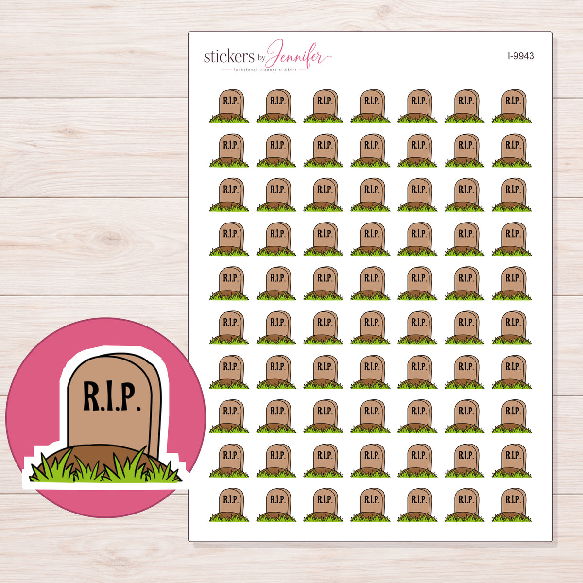 Brown RIP Headstone Planner Stickers | I-9943 — 5 × 7 inch sheet and enlarged sticker detail
