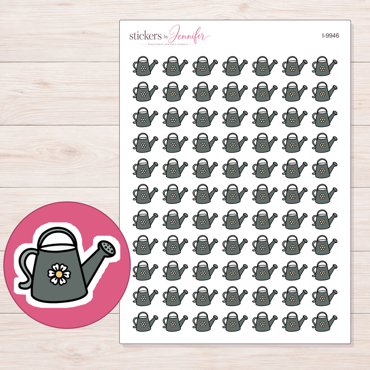 Charcoal Flower Watering Can Planner Stickers | I-9946 — 5 × 7 inch sheet and enlarged sticker detail