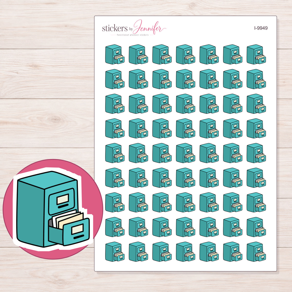 Teal Filing Cabinet Planner Stickers | I-9949 — 5 × 7 inch sheet and enlarged sticker detail