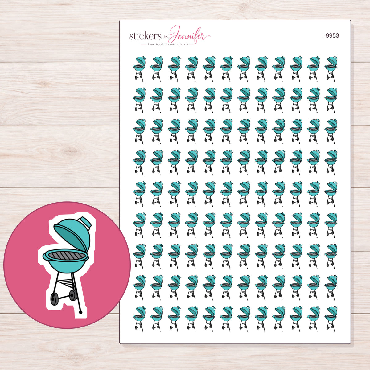 Teal Barbecue Grill Planner Stickers | I-9953 — 5 × 7 inch sheet and enlarged sticker detail