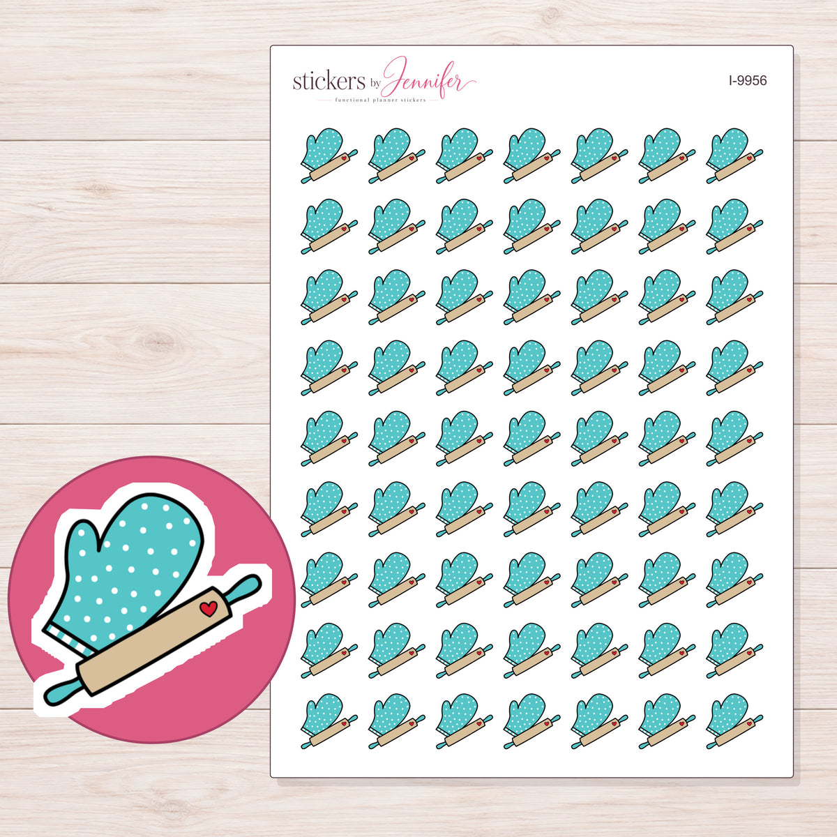 Teal Oven Mitt and Rolling Pin Planner Stickers | I-9956 — 5 × 7 inch sheet and enlarged sticker detail