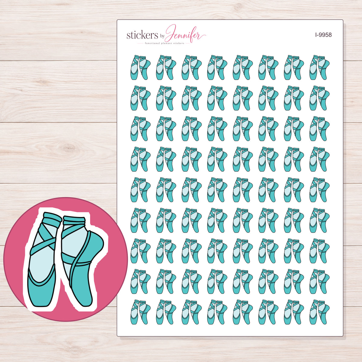 Teal Ballet Shoes Planner Stickers | I-9958 — 5 × 7 inch sheet and enlarged sticker detail