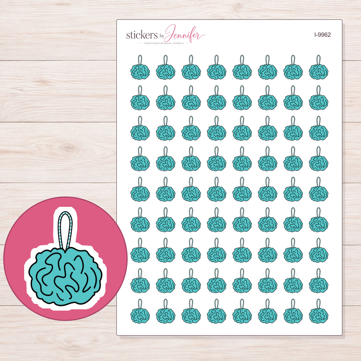 Teal Bath Pouf Planner Stickers | I-9962 — 5 × 7 inch sheet and enlarged sticker detail