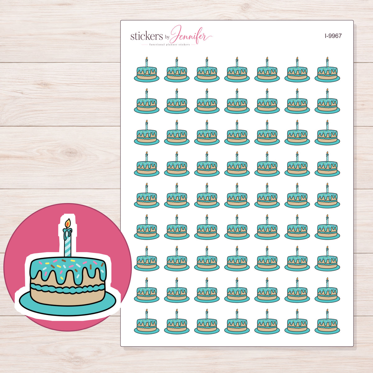 Teal Birthday Cake Planner Stickers | I-9967 — 5 × 7 inch sheet and enlarged sticker detail