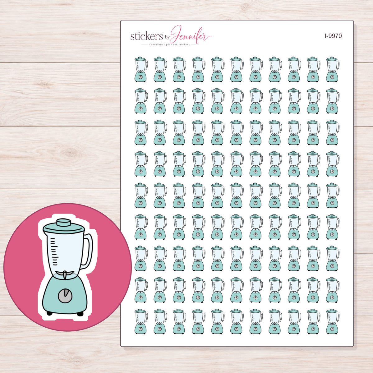 Pale Teal Blender Planner Stickers | I-9970 — 5 × 7 inch sheet and enlarged sticker detail