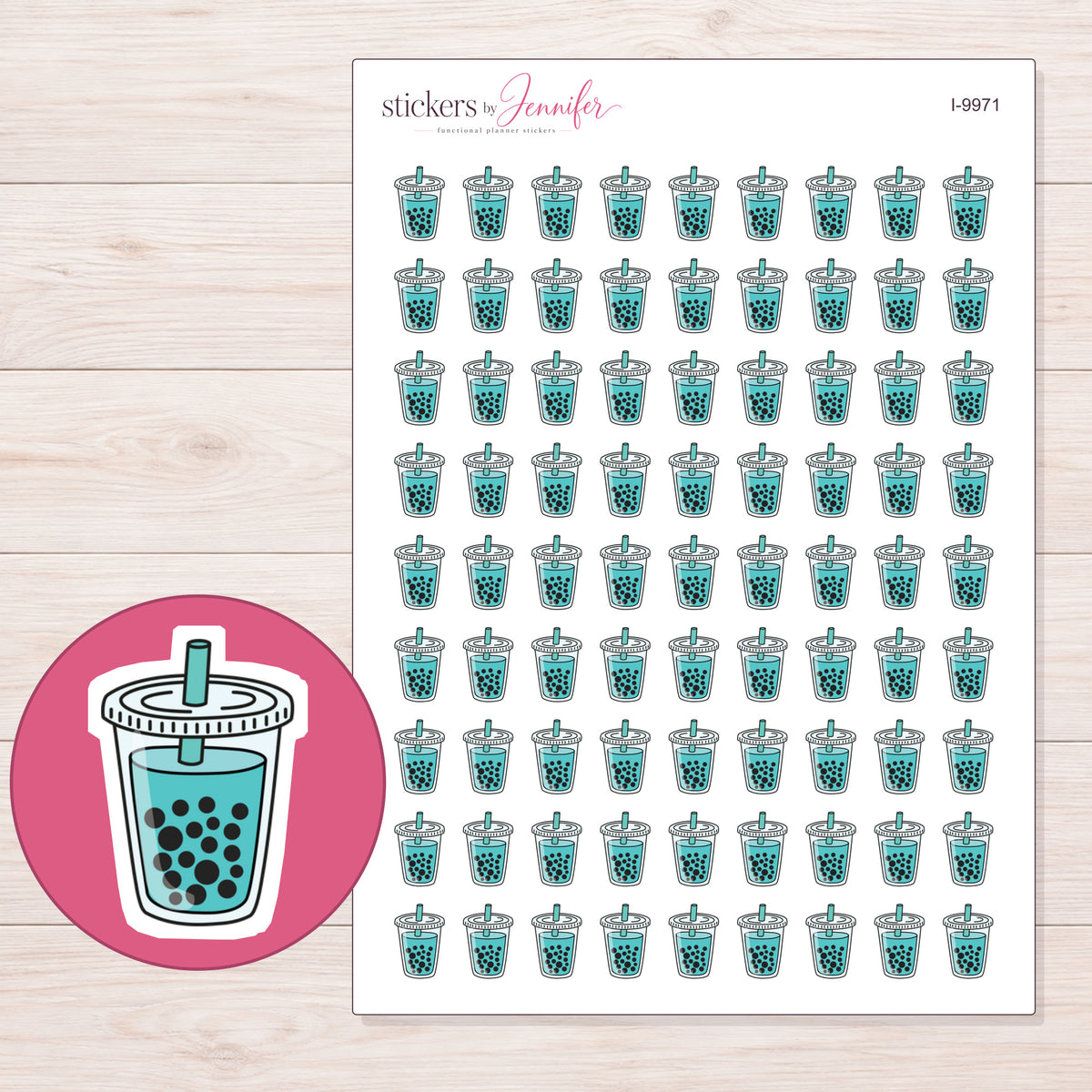 Teal Bubble Tea Planner Stickers | I-9971 — 5 × 7 inch sheet and enlarged sticker detail