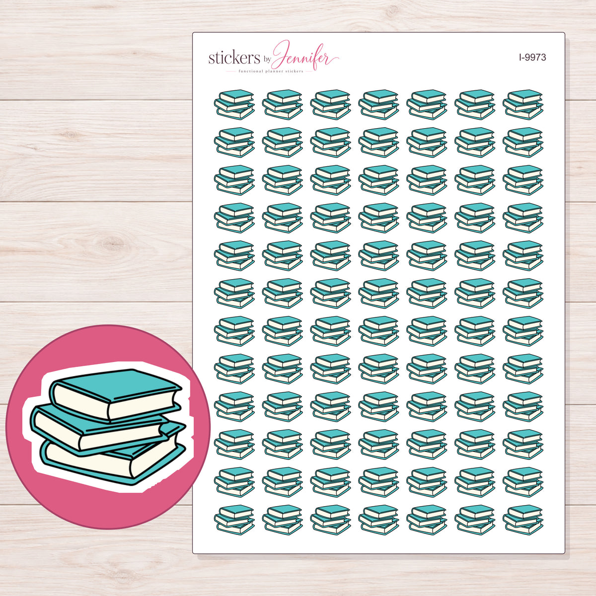 Teal Closed Book Stack Planner Stickers | I-9973 — 5 × 7 inch sheet and enlarged sticker detail