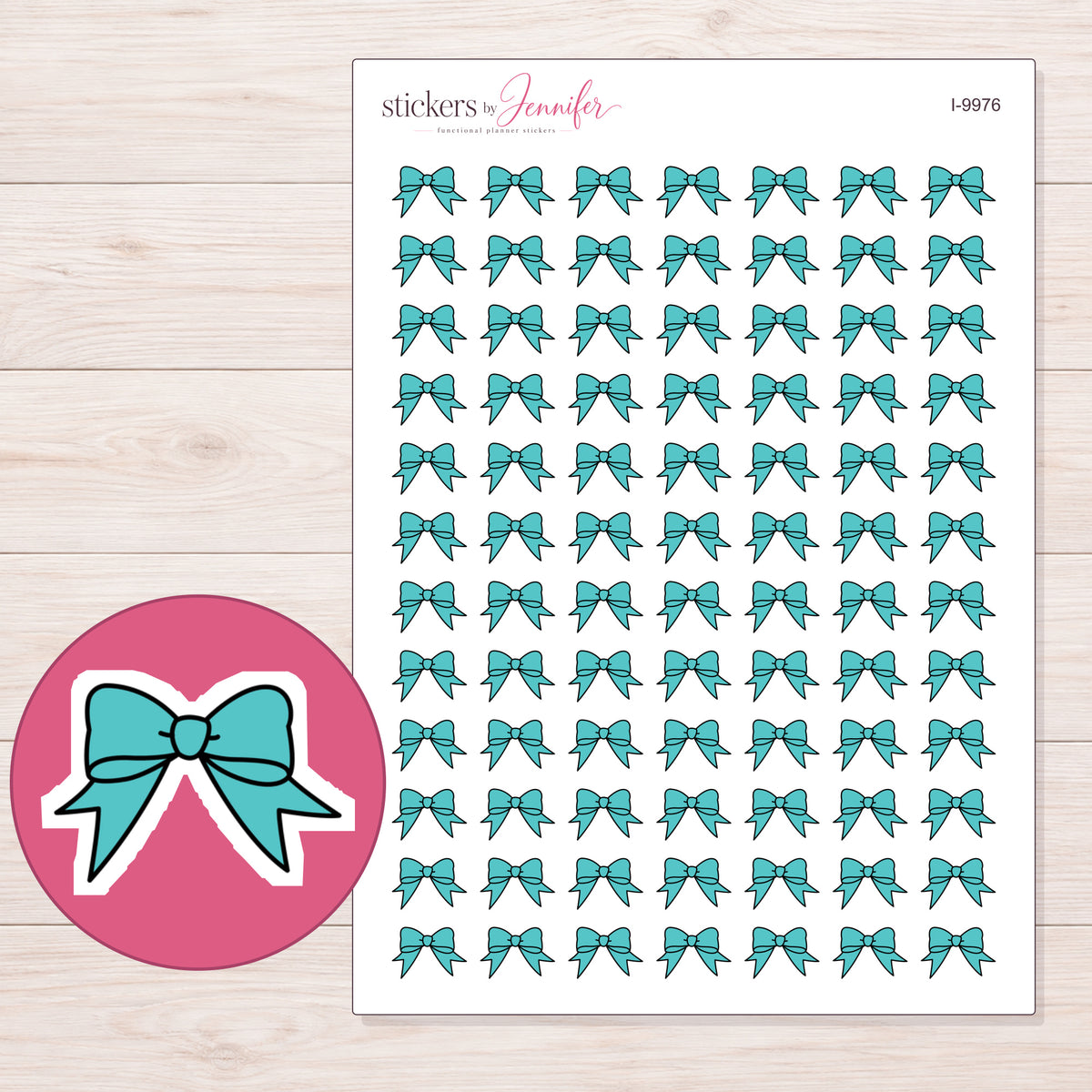 Teal Ribbon Bow Planner Stickers | I-9976 — 5 × 7 inch sheet and enlarged sticker detail