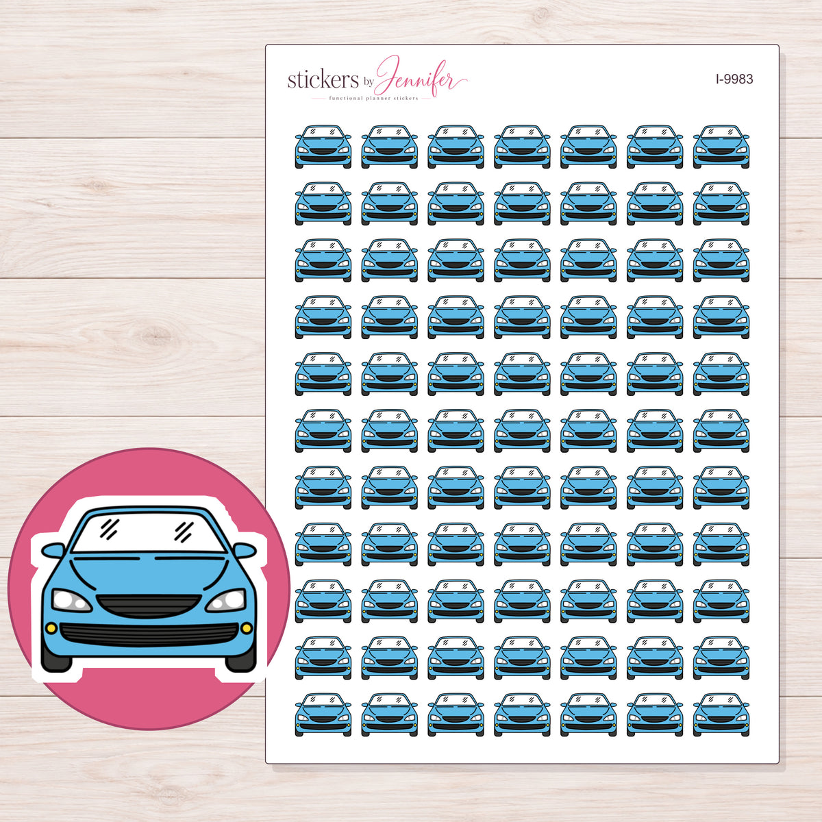 Blue Front View Car Planner Stickers | I-9983 — 5 × 7 inch sheet and enlarged sticker detail