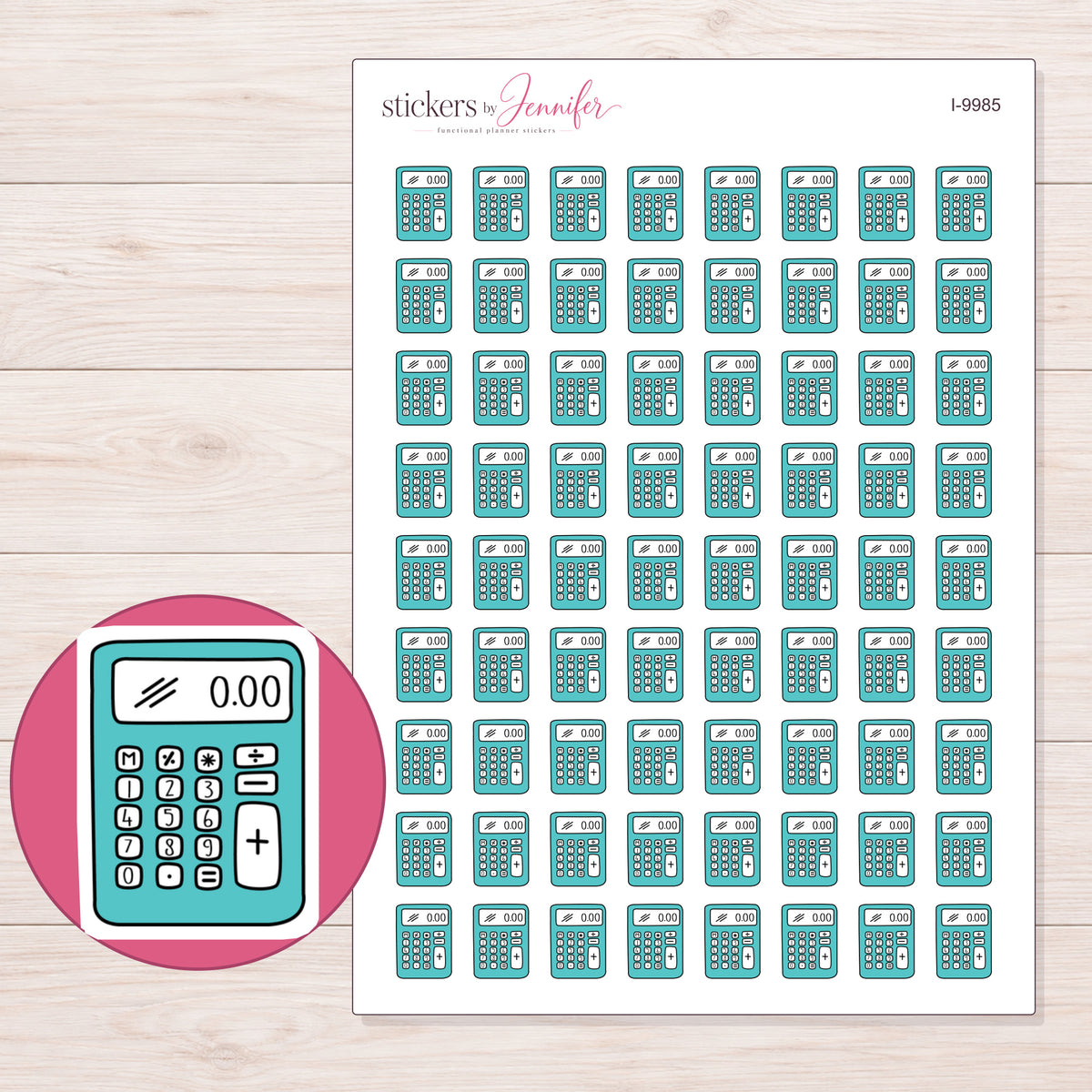 Teal Calculator Planner Stickers | I-9985 — 5 × 7 inch sheet and enlarged sticker detail