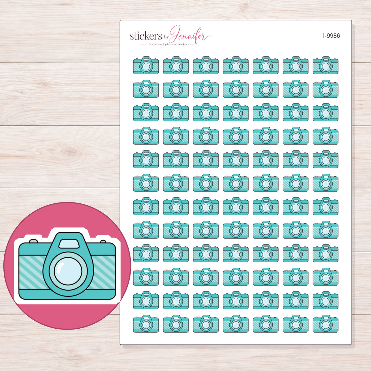 Teal Camera Planner Stickers | I-9986 — 5 × 7 inch sheet and enlarged sticker detail