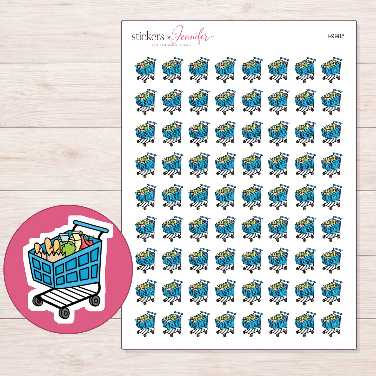 Blue Grocery Cart Planner Stickers | I-9988 — 5 × 7 inch sheet and enlarged sticker detail