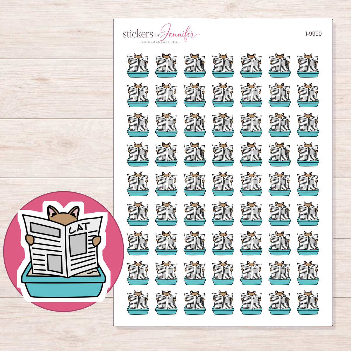 Cat in Teal Litter Box Planner Stickers | I-9990 — 5 × 7 inch sheet and enlarged sticker detail