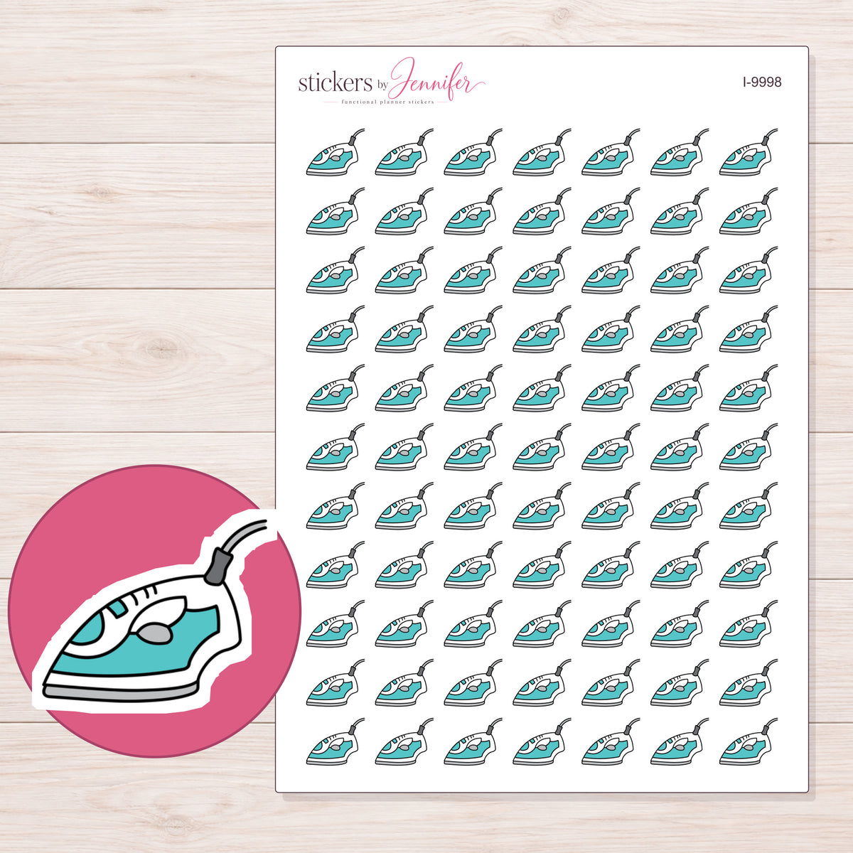 Teal Clothes Iron Planner Stickers | I-9998 — 5 × 7 inch sheet and enlarged sticker detail