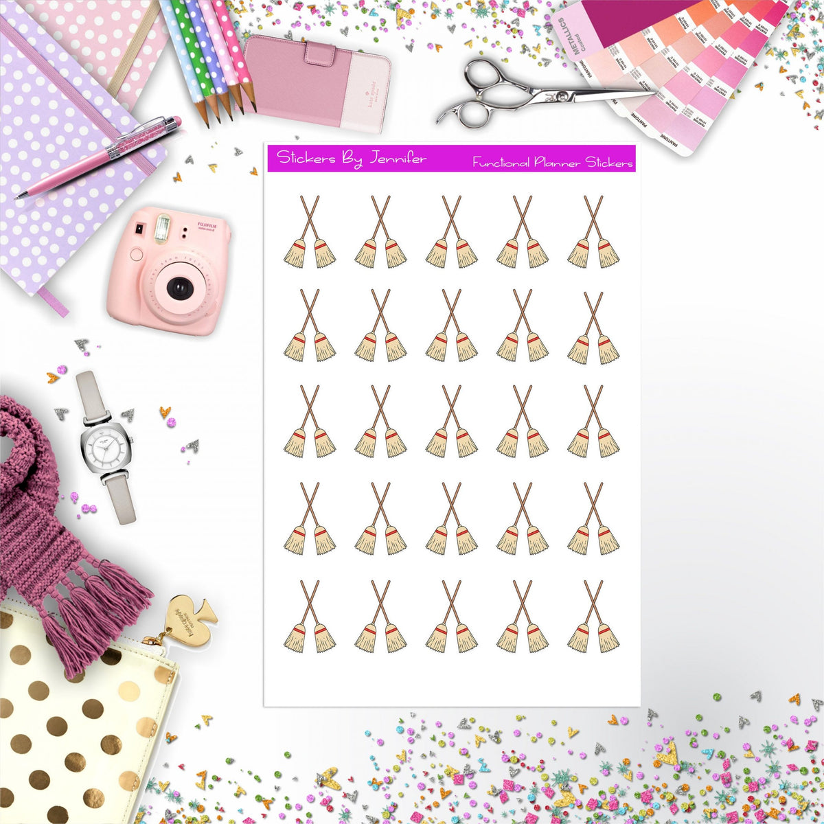 Broom Stickers, Planner Stickers, Journal Stickers, Functional Planner Stickers, Stationary Stickers