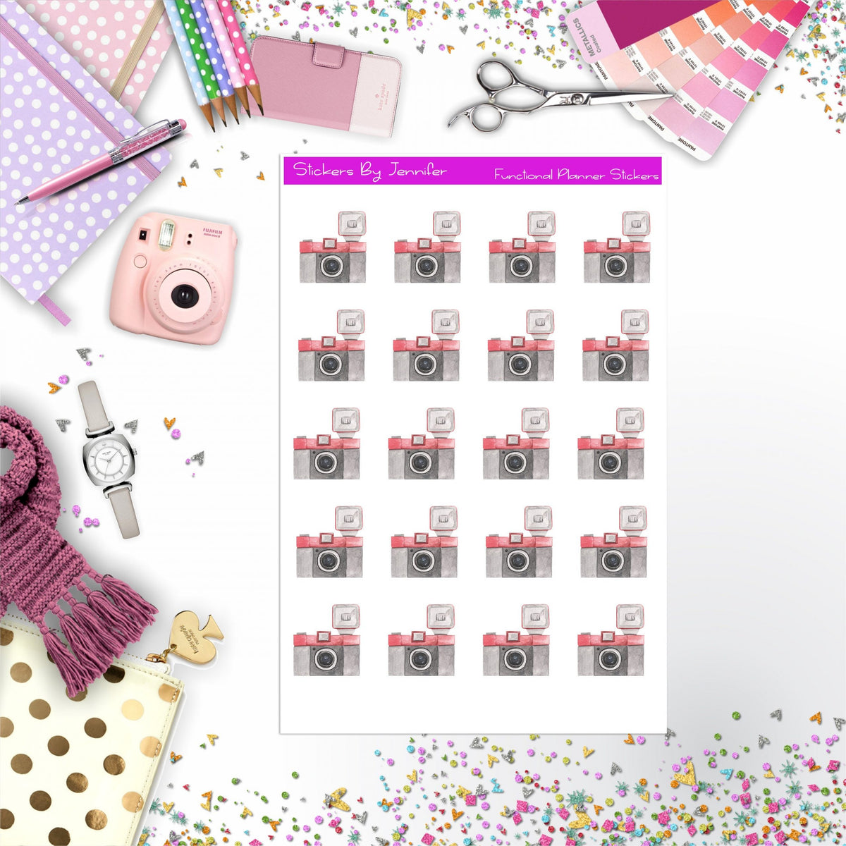 Camera Watercolor Stickers, Planner Stickers, Journal Stickers, Functional Planner Stickers, Stationary Stickers