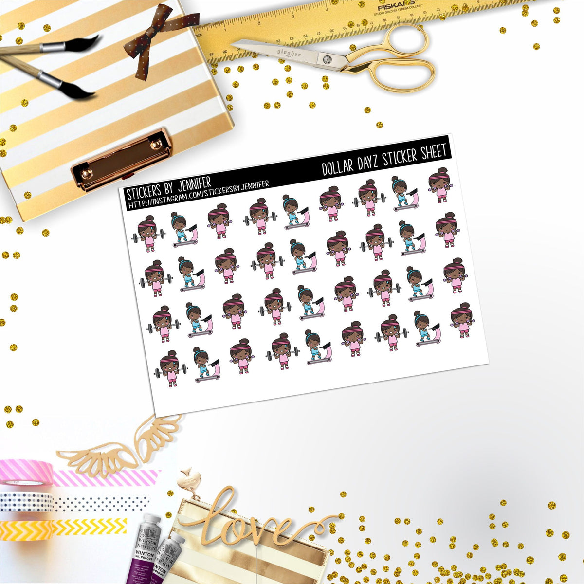 Character Girl Workout Mini DD017, Planner Stickers, Bullet Journal, Functional Planner Stickers, Stationary Stickers