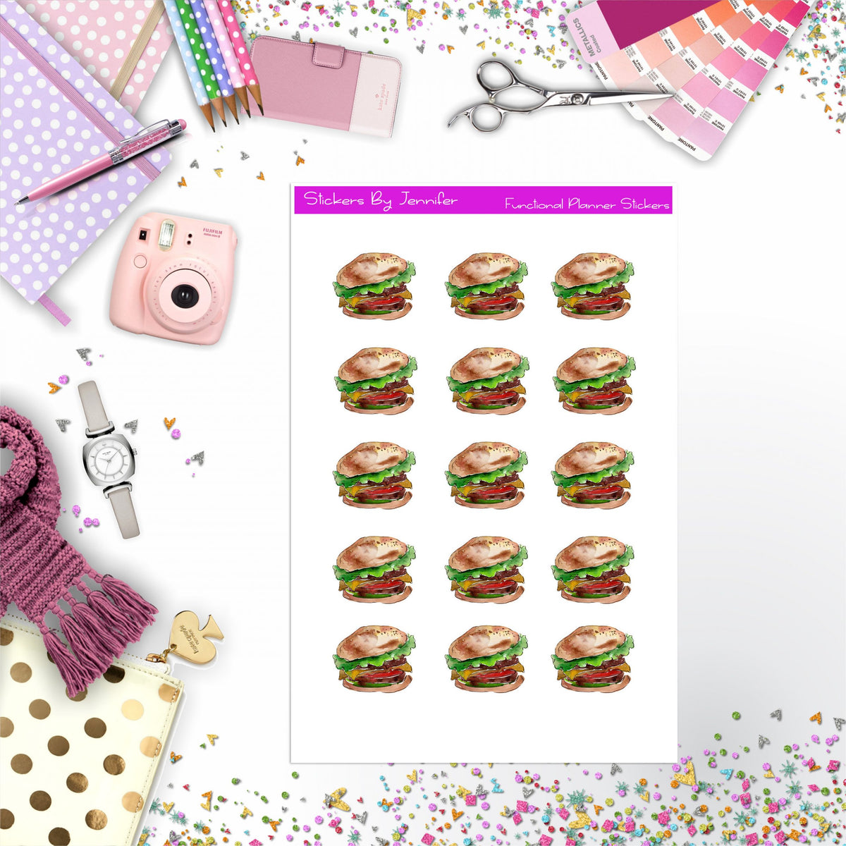 Cheeseburger Stickers, Planner Stickers, Journal Stickers, Functional Planner Stickers, Stationary Stickers