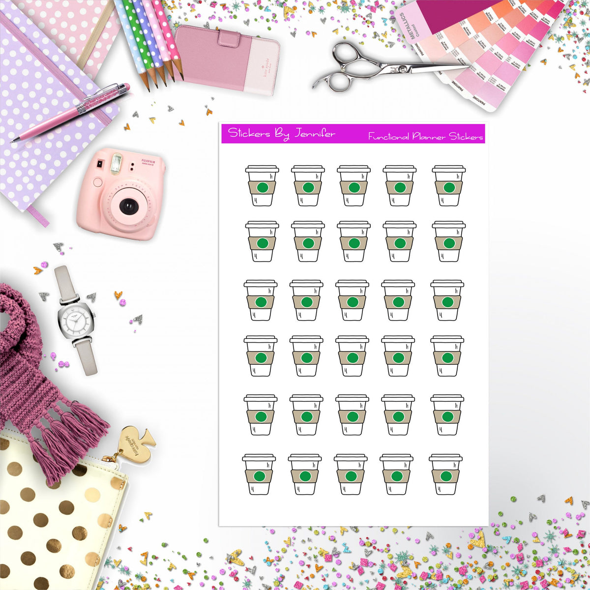 Coffee Cup Stickers, Planner Stickers, Journal Stickers, Functional Planner Stickers, Stationary Stickers