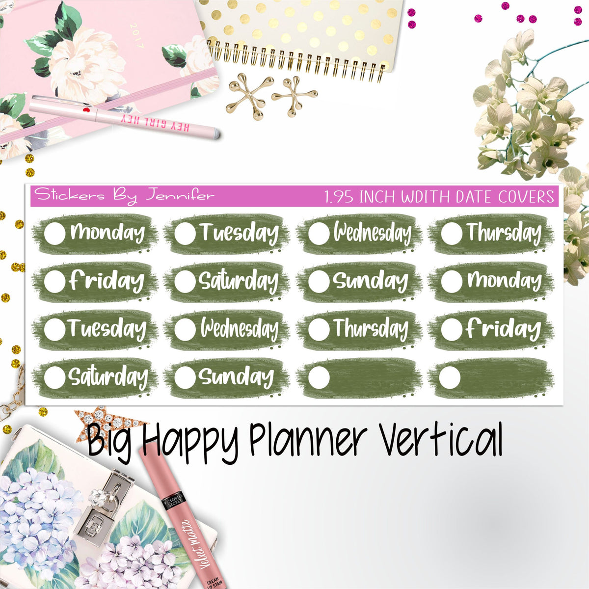 Date Covers 1.95 inch Width Quarter Box Labels 006 for Big Happy Planner Vertical Planner Stickers