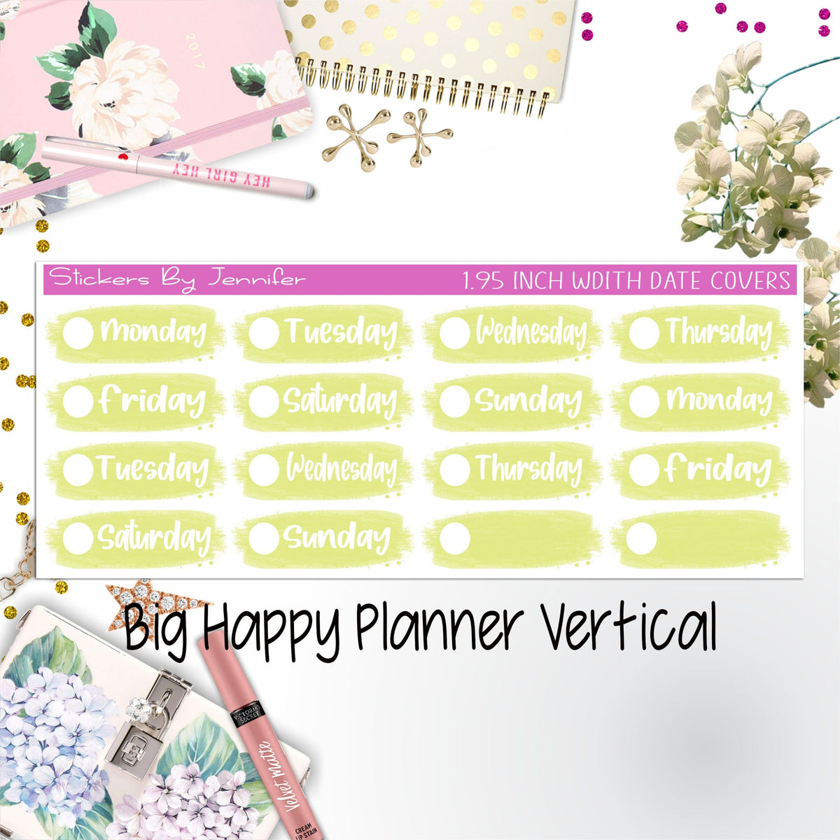 Date Covers 1.95 inch Width Quarter Box Labels 009 for Big Happy Planner Vertical Planner Stickers