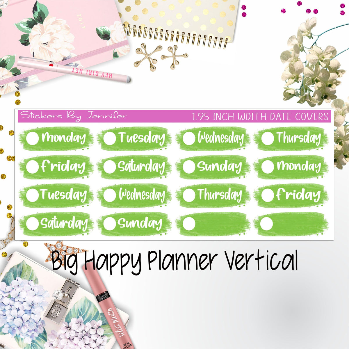 Date Covers 1.95 inch Width Quarter Box Labels 016 for Big Happy Planner Vertical Planner Stickers