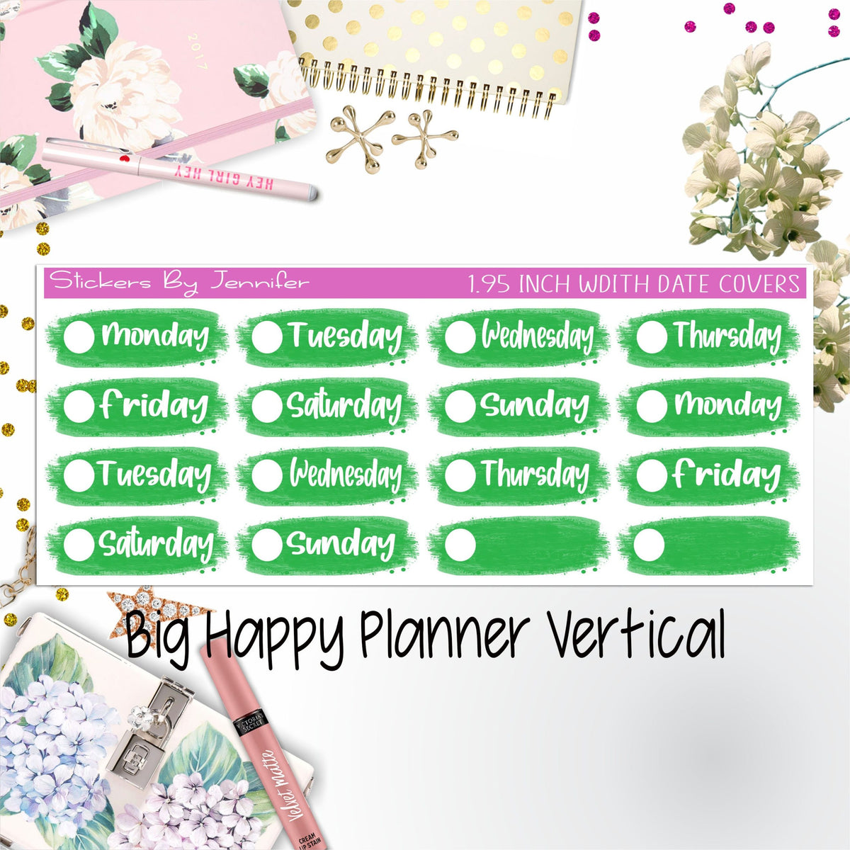 Date Covers 1.95 inch Width Quarter Box Labels 018 for Big Happy Planner Vertical Planner Stickers