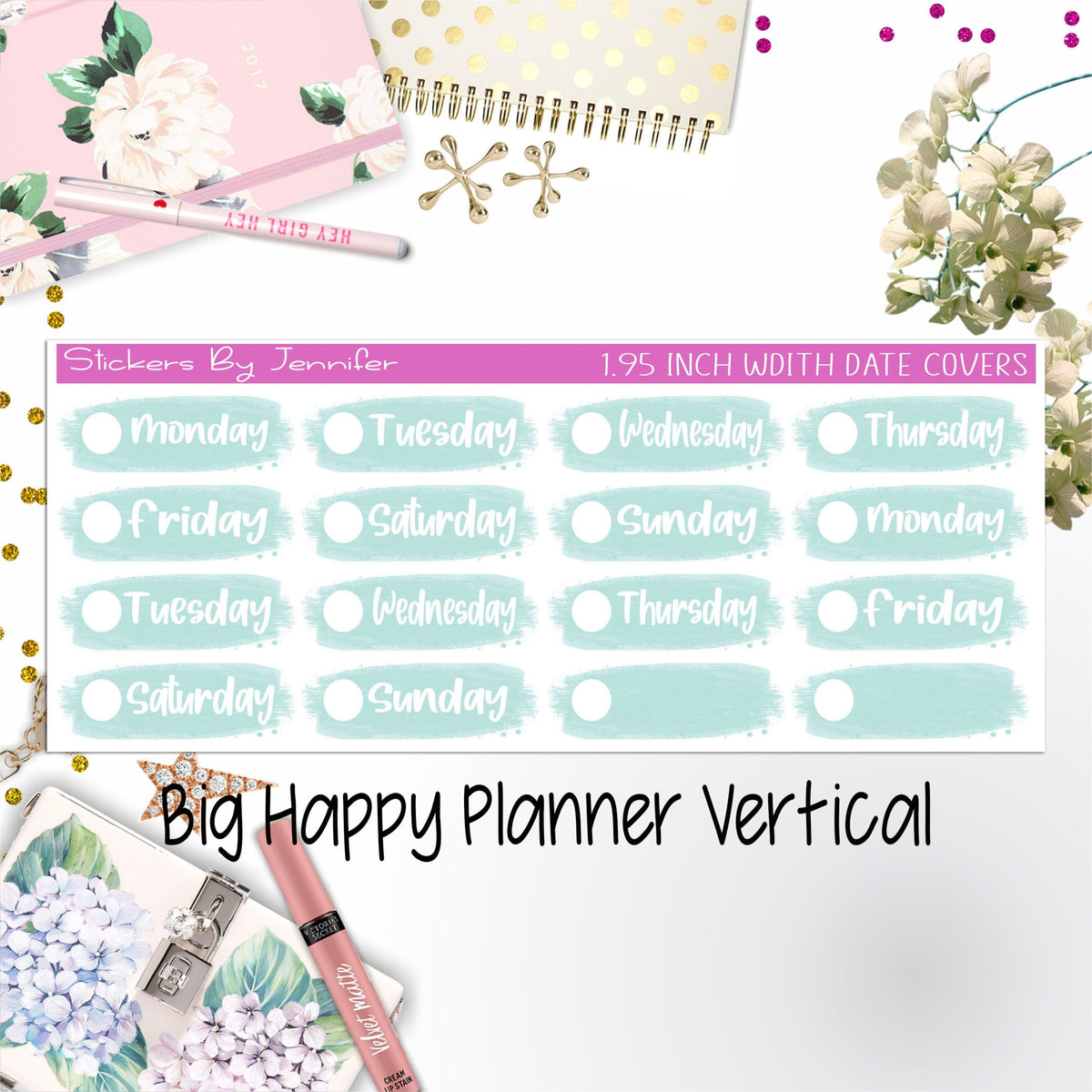 Date Covers 1.95 inch Width Quarter Box Labels 025 for Big Happy Planner Vertical Planner Stickers