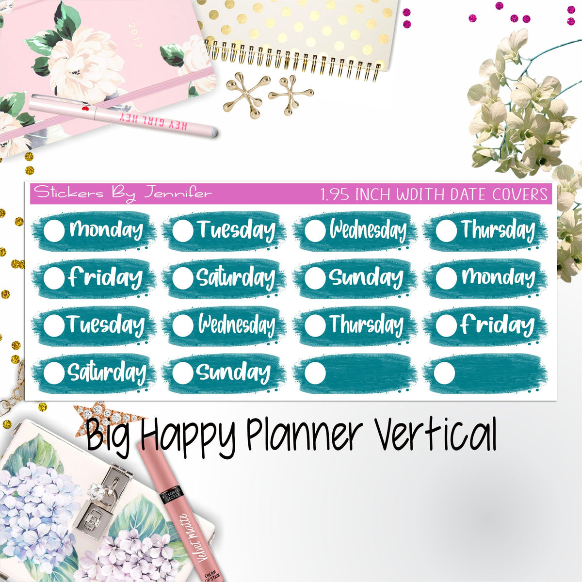 Date Covers 1.95 inch Width Quarter Box Labels 028 for Big Happy Planner Vertical Planner Stickers