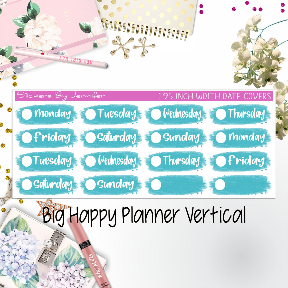 Date Covers 1.95 inch Width Quarter Box Labels 029 for Big Happy Planner Vertical Planner Stickers