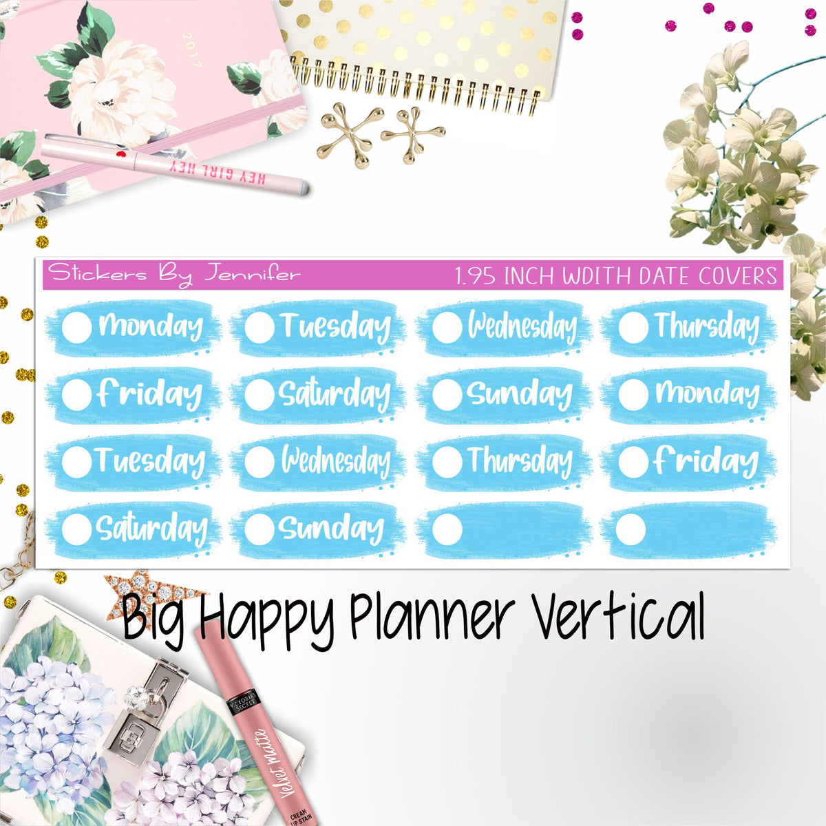 Date Covers 1.95 inch Width Quarter Box Labels 032 for Big Happy Planner Vertical Planner Stickers