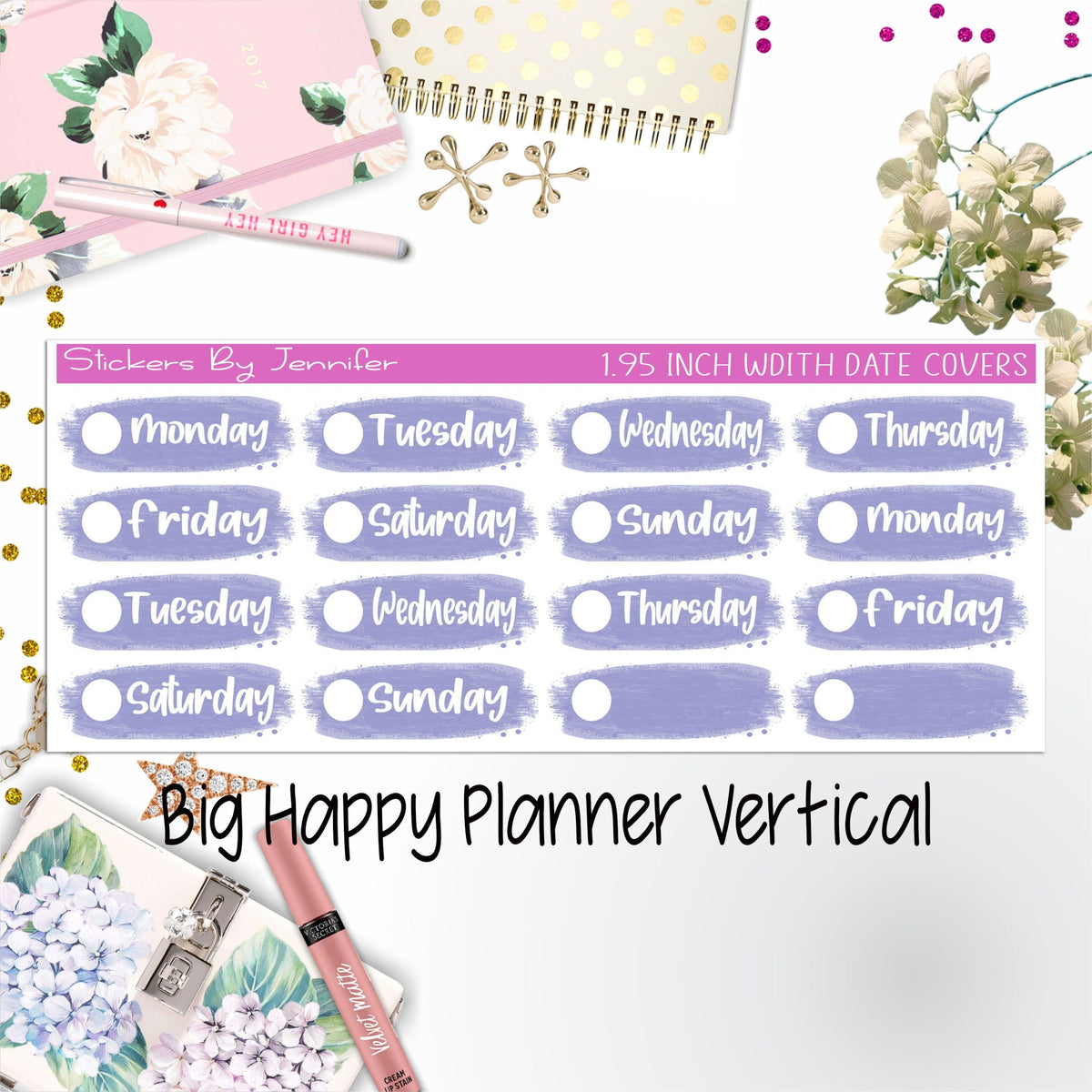 Date Covers 1.95 inch Width Quarter Box Labels 043 for Big Happy Planner Vertical Planner Stickers