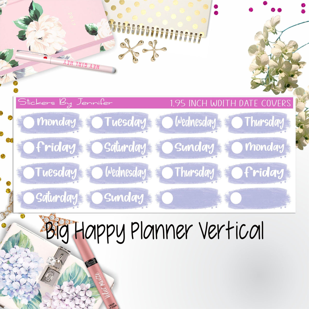 Date Covers 1.95 inch Width Quarter Box Labels 044 for Big Happy Planner Vertical Planner Stickers