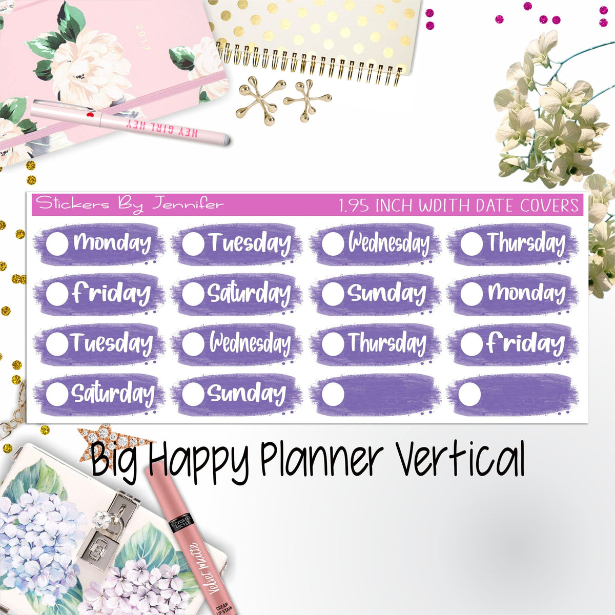 Date Covers 1.95 inch Width Quarter Box Labels 048 for Big Happy Planner Vertical Planner Stickers