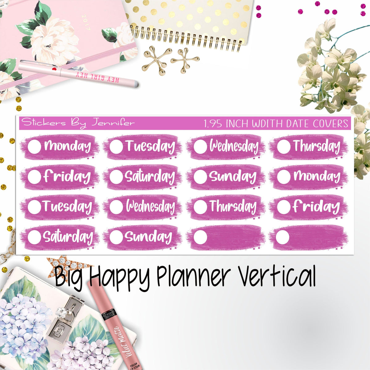 Date Covers 1.95 inch Width Quarter Box Labels 059 for Big Happy Planner Vertical Planner Stickers