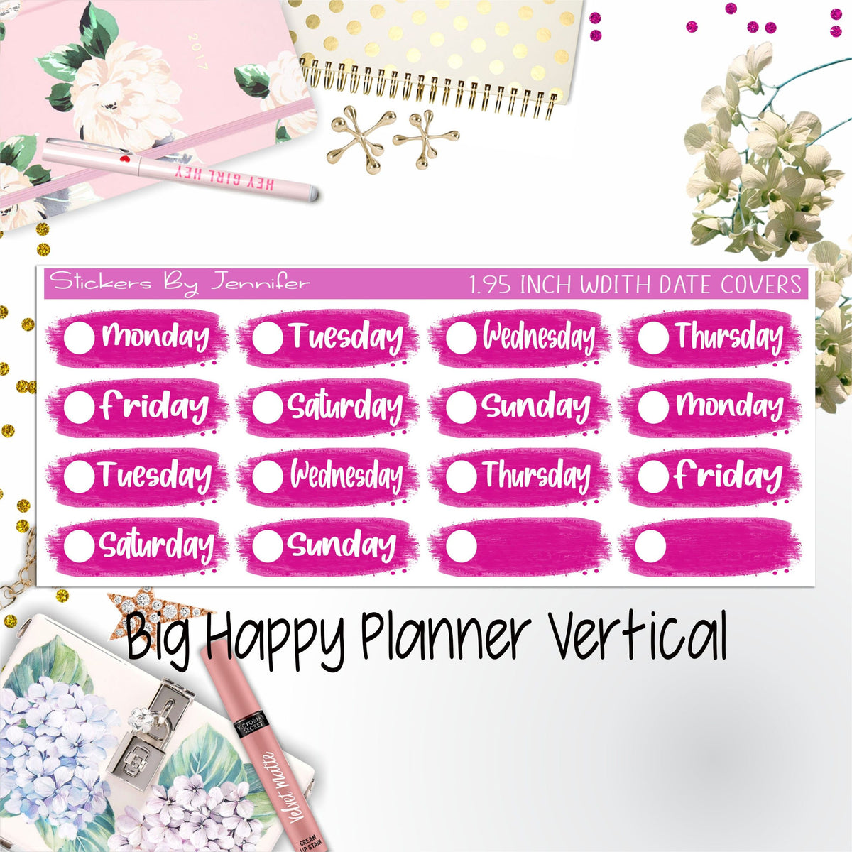 Date Covers 1.95 inch Width Quarter Box Labels 062 for Big Happy Planner Vertical Planner Stickers