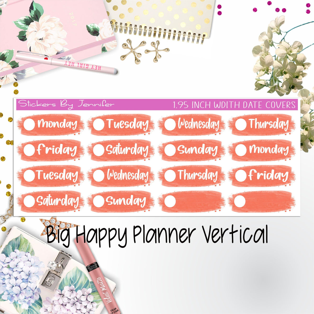 Date Covers 1.95 inch Width Quarter Box Labels 076 for Big Happy Planner Vertical Planner Stickers