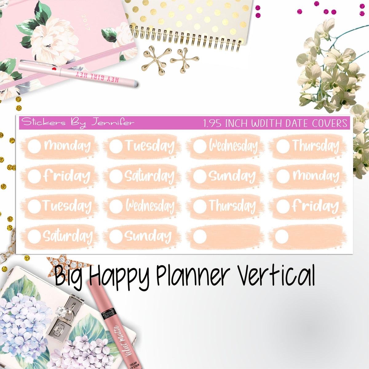 Date Covers 1.95 inch Width Quarter Box Labels 078 for Big Happy Planner Vertical Planner Stickers
