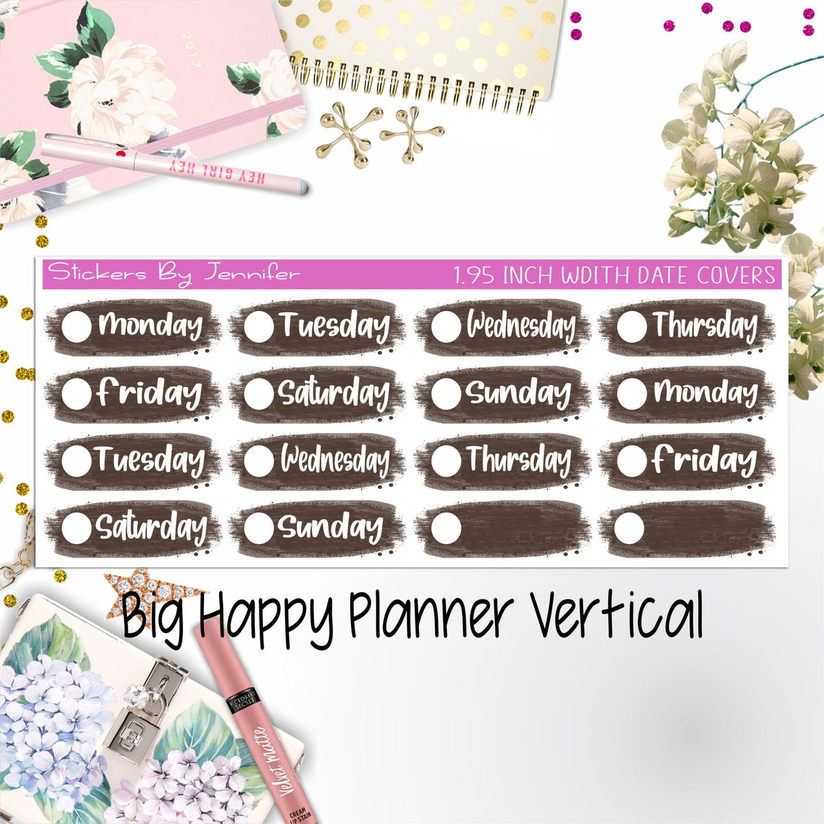 Date Covers 1.95 inch Width Quarter Box Labels 091 for Big Happy Planner Vertical Planner Stickers