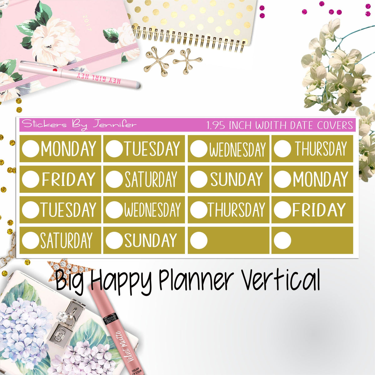 Date Covers 1.95 inch Width Quarter Box Labels 105 for Big Happy Planner Vertical Planner Stickers