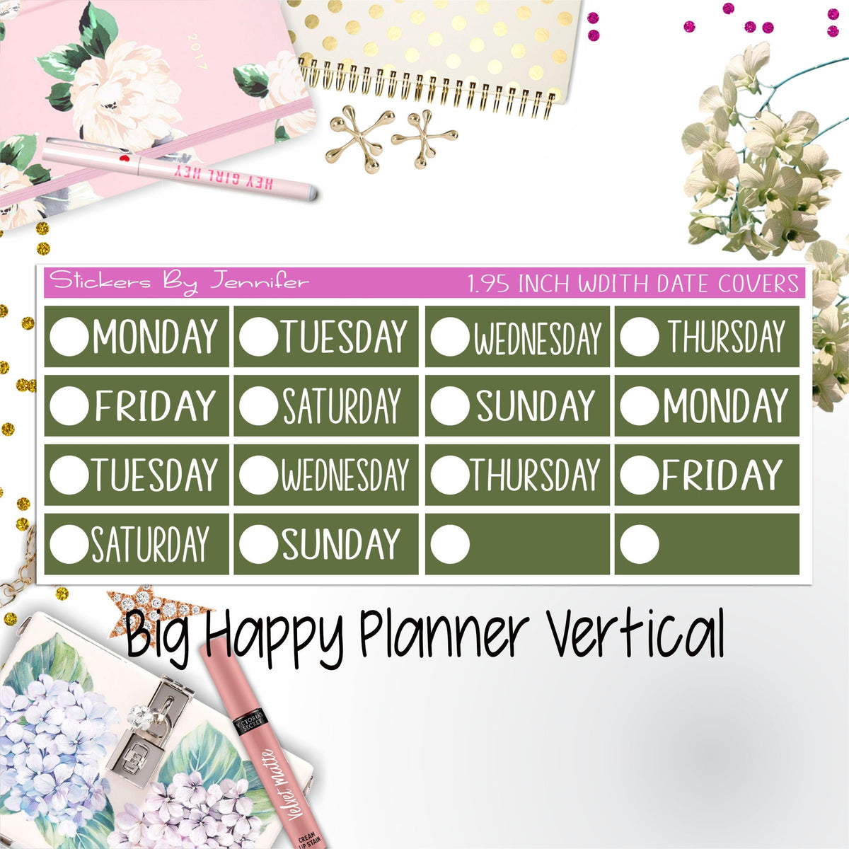 Date Covers 1.95 inch Width Quarter Box Labels 106 for Big Happy Planner Vertical Planner Stickers