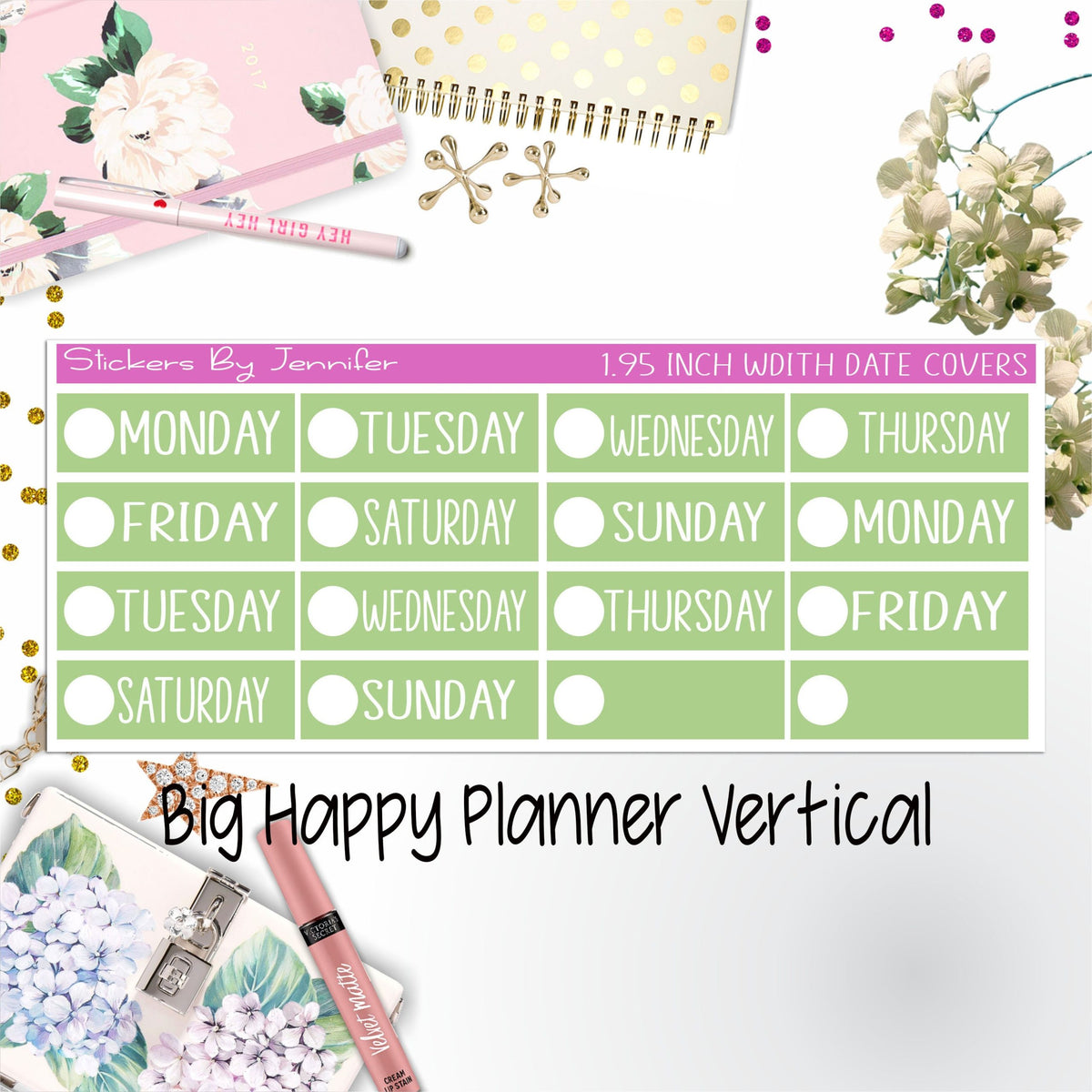 Date Covers 1.95 inch Width Quarter Box Labels 113 for Big Happy Planner Vertical Planner Stickers