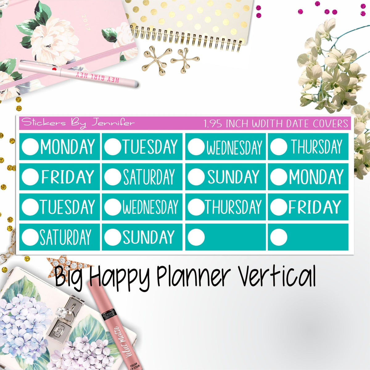 Date Covers 1.95 inch Width Quarter Box Labels 127 for Big Happy Planner Vertical Planner Stickers