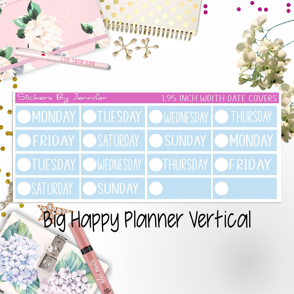 Date Covers 1.95 inch Width Quarter Box Labels 131 for Big Happy Planner Vertical Planner Stickers