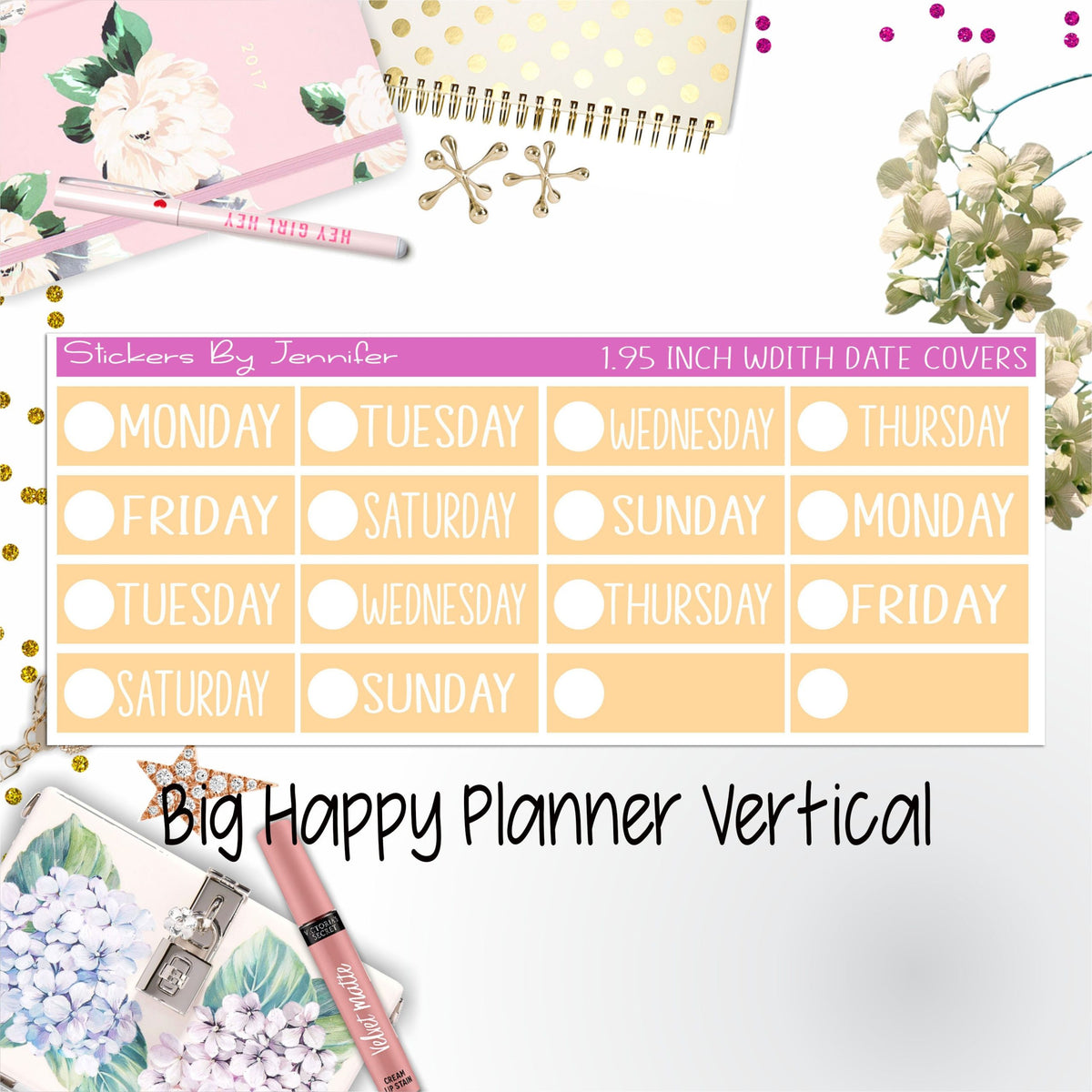 Date Covers 1.95 inch Width Quarter Box Labels 186 for Big Happy Planner Vertical Planner Stickers